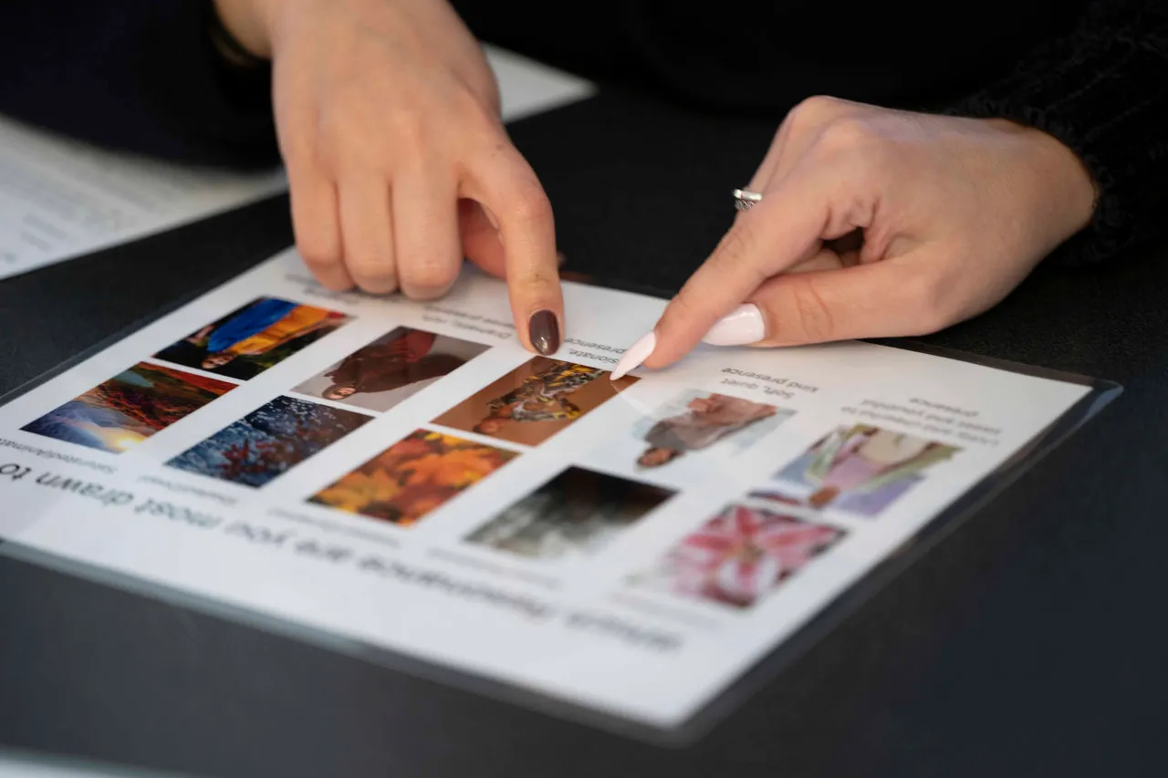 Hands pointing at photos of people dressed in different color combinations.
